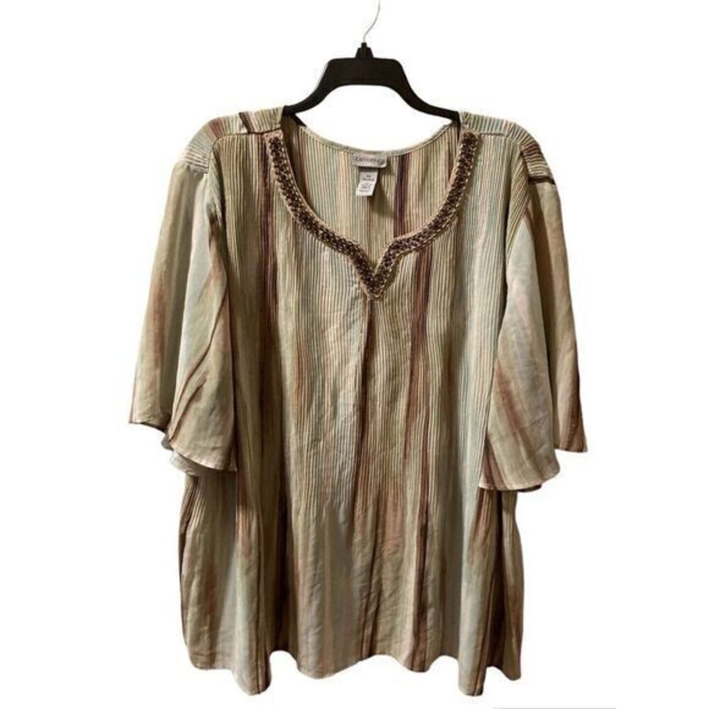 Catherines Blouse‎ Tunic Top Beaded Mint Green Brown Gauzy Plus Sz 5X 34-36